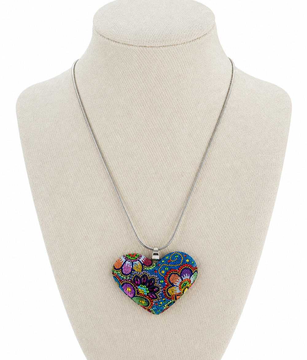 925 Sterling Silver Colorful 2" Beaded Heart Pendant Necklace Boho Statement